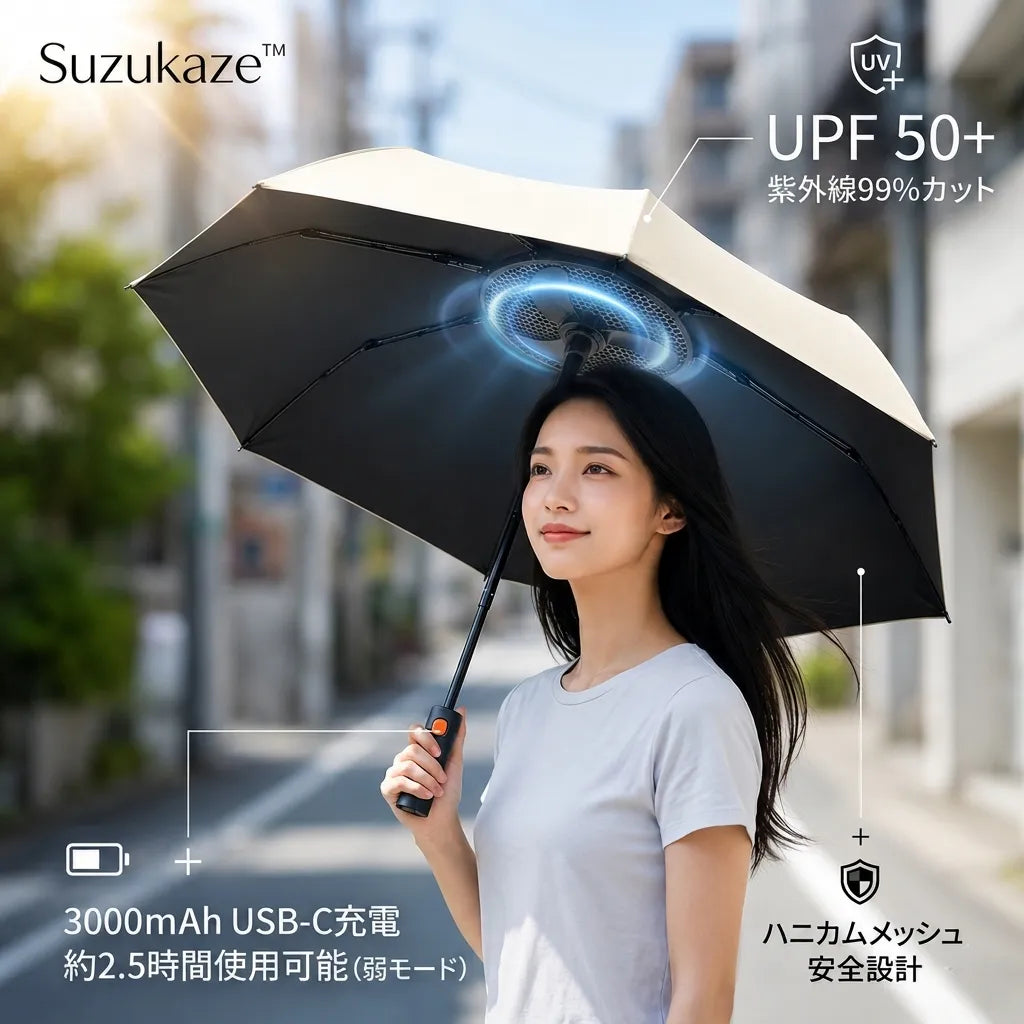 SUZUKAZE™ 涼風 扇風機内蔵 折りたたみ傘 — UV99%カット・晴雨兼用コンパクト