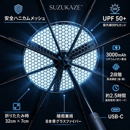 SUZUKAZE™ 涼風 扇風機内蔵 折りたたみ傘 — UV99%カット・晴雨兼用コンパクト