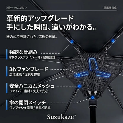 SUZUKAZE™ 涼風 扇風機内蔵 折りたたみ傘 — UV99%カット・晴雨兼用コンパクト