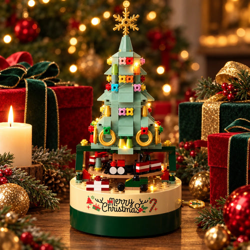 オルゴール付きクリスマスツリー ブロックキット（テーブルに飾った様子）